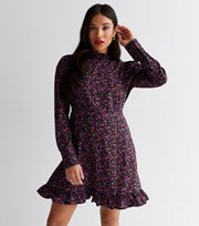 New Look Petite Pink Ditsy Floral High Neck Frill Mini Dress